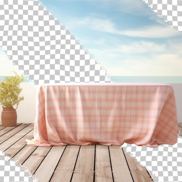 PSD wooden deck with table cloth and napkin against a wall background devoid of any objects transparent background