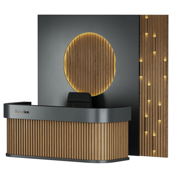 PSD a wooden desk with a chair and a lamp on it