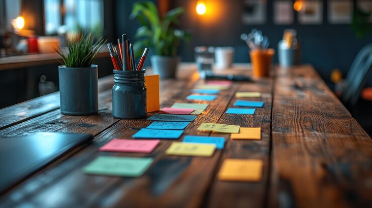 PSD a wooden desk with colorful sticky notes a laptop and potted plants