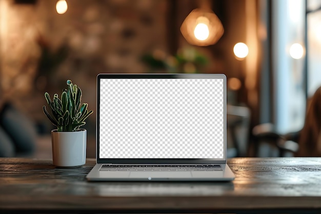 ノートパソコンのスクリーンモックアップ付きの木製の机
