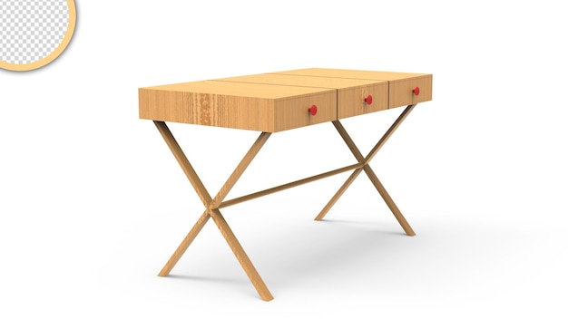 PSD una scrivania in legno con manici rossi e pomello rosso.