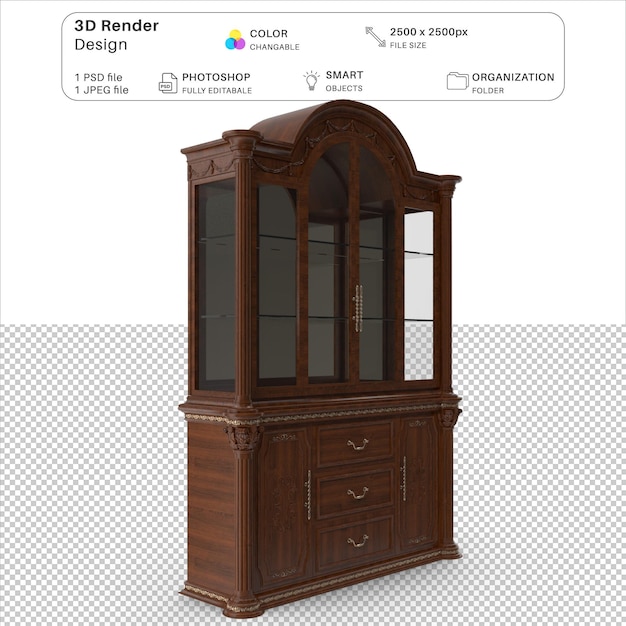 Wooden dining cabinet cupboard 3d modeling psd file