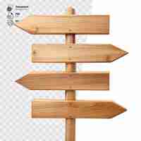 PSD wooden directional signpost with blank arrow planks isolated on transparent background