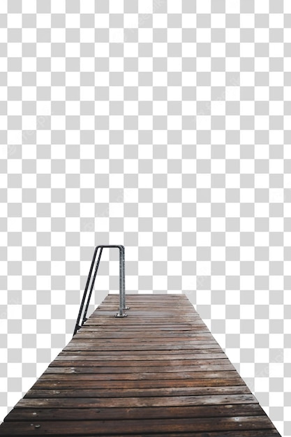 A wooden dock with a metal handrail and a gray metal handrail.