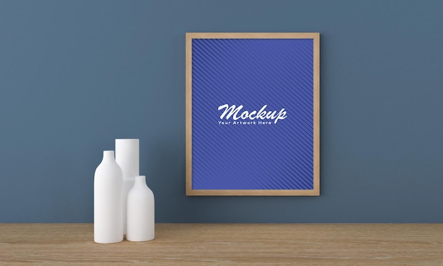 Wooden empty frame mockup with white vases