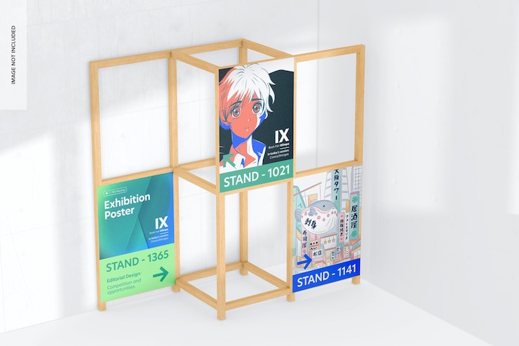 PSD wooden frame exhibition poster mockup, perspective