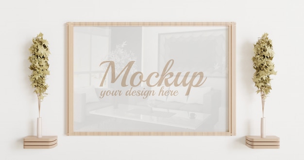 Mockup di telaio in legno sul muro bianco