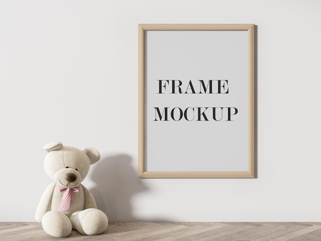 Wooden frame mockup with teddy bear