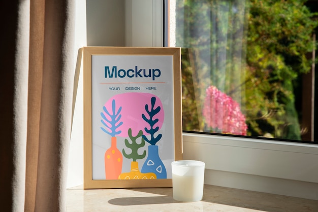 PSD wooden frame next to a window mockup