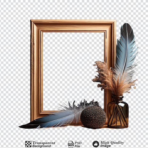 PSD a wooden frame with feathers on it sits on a table next to a vase isolated