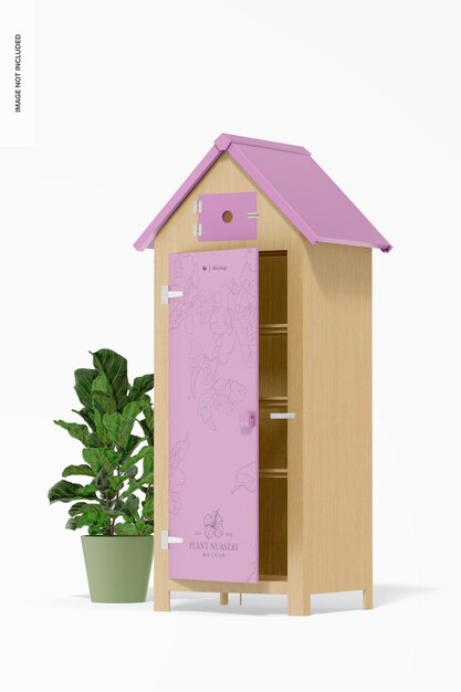 PSD wooden garden cabinet mockup with plant