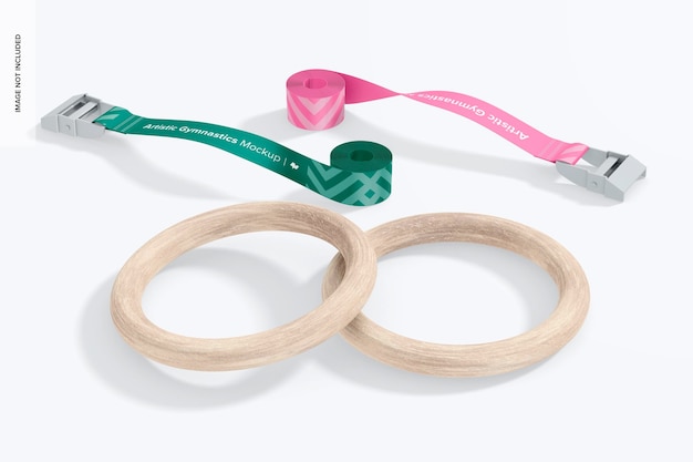 Wooden gymnastic rings with straps mockup high angle view