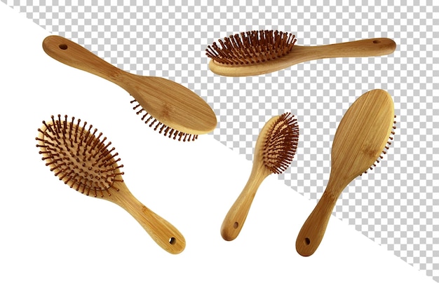 PSD spazzole per capelli in legno bambù ecofriendly concetto ritaglio donna accessorio di bellezza soft focus tracciato di ritaglio