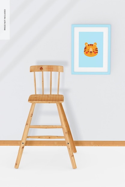Wooden high chair for kids with wall mockup