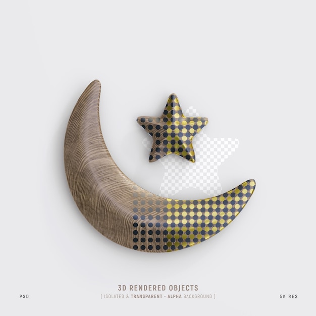 PSD wooden islamic crescent moon and star isolated 3d rendering