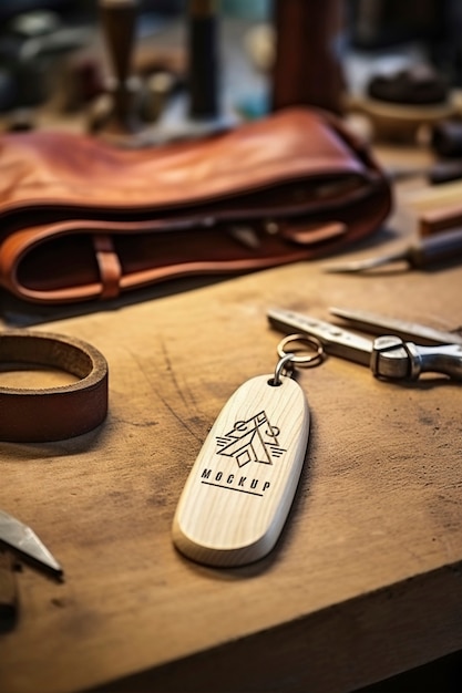 PSD wooden keychain  mockup