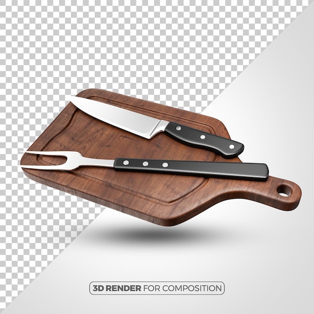 Wooden kitchen cutting board with a knife and fork on top rendered in 3d