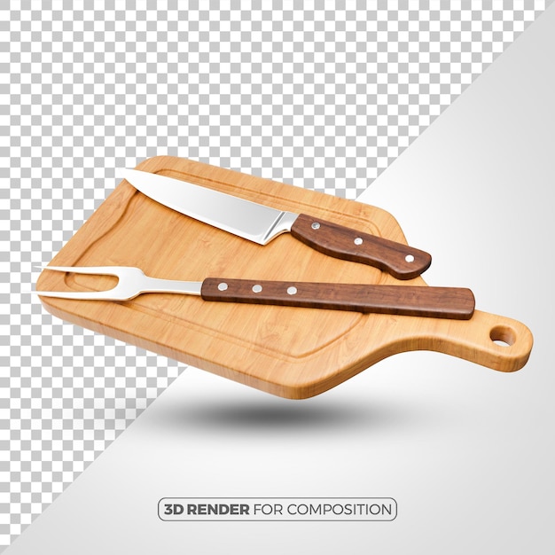 Wooden kitchen cutting board with a knife and fork on top rendered in 3d