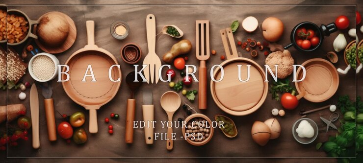 PSD wooden kitchen utensils and ingredients on brown surface