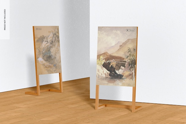 PSD wooden leaned exhibition display mockup