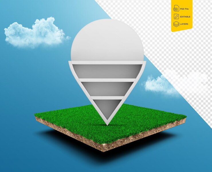 PSD wooden location pin icon on square soil land cross section grass ground on blue sky 3d illustration