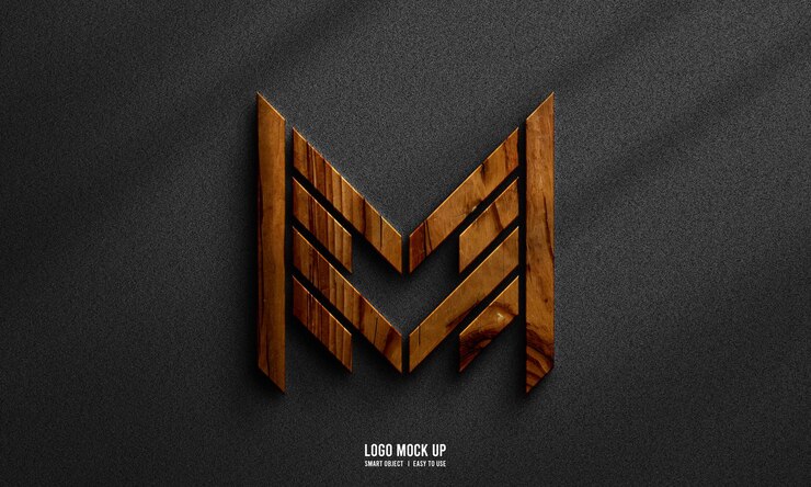 PSD wooden logo mockup on dark textured background
