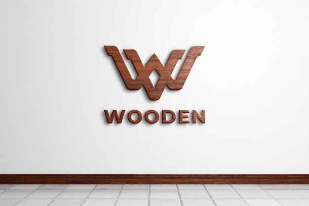 Wooden Logo Mockup on White Wall 3D Rendering