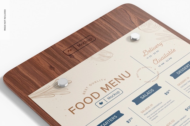 Mockup porta menu in legno, primi piani