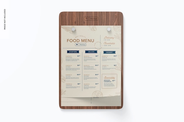 Mockup porta menu in legno, vista dall'alto