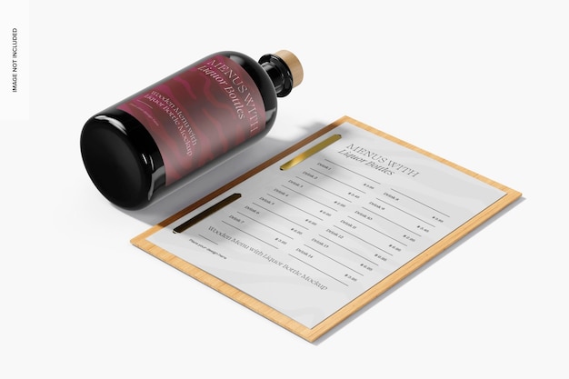 PSD wooden menu with liquor bottle mockup, right view