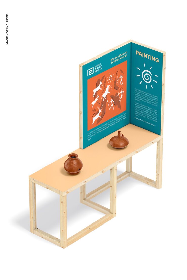 PSD wooden museum exhibitor mockup perspective