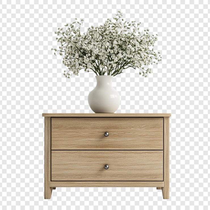 PSD wooden nightstand with white flowers in vase simple bedroom decor