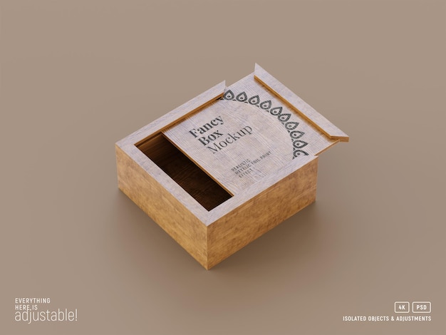 Wooden open box mockup isolated perspective view