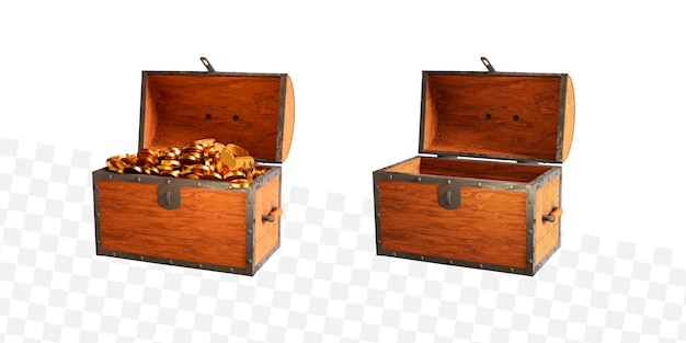 Wooden open chests with gold coins and empty 3d rendering illustration on white isolated background