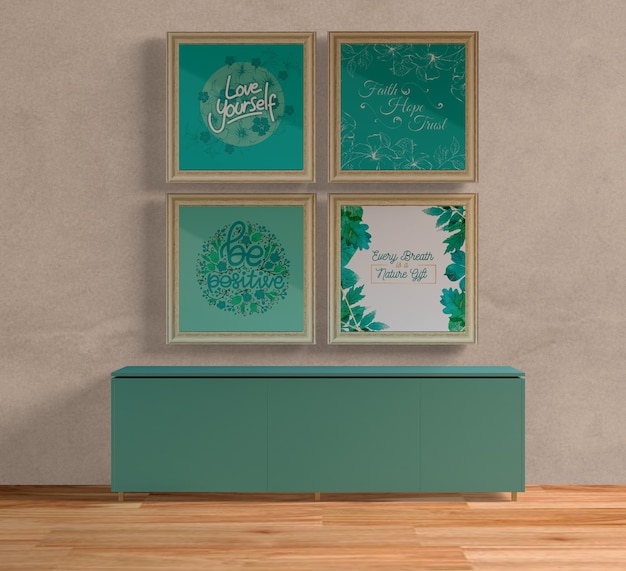 Wooden painting frames above blue table