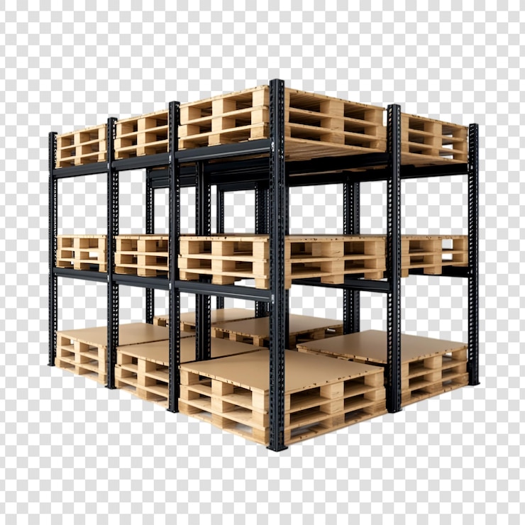 PSD wooden pallets stacked on black metal racking warehouse storage logistics