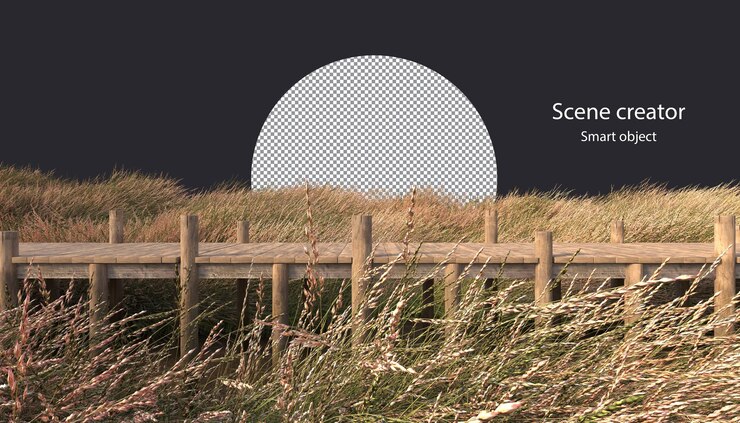 PSD wooden path through the meadow wooden path through grass field clipping path