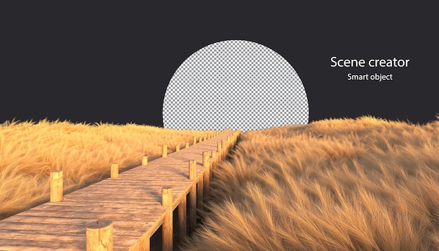 PSD wooden path through the meadow wooden path through grass field clipping path