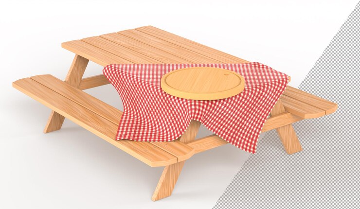 PSD wooden picnic table with long benches round cutting board and red plaid tablecloth isolated on white background 3d render wood furniture for garden park or camping angle view 3d illustration