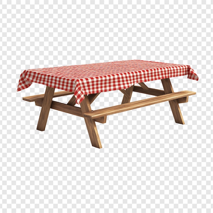 PSD wooden picnic table with red and white checkered tablecloth isolated on transparent background