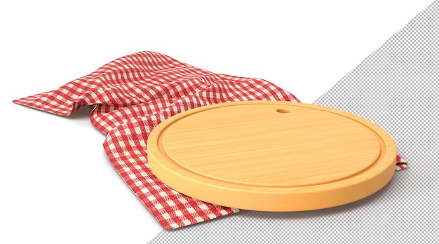 PSD wooden pizza or cutting board on red plaid towel 3d render round wood tray on checkered tablecloth with folds natural kitchen plank for cut food isolated on white background 3d illustration