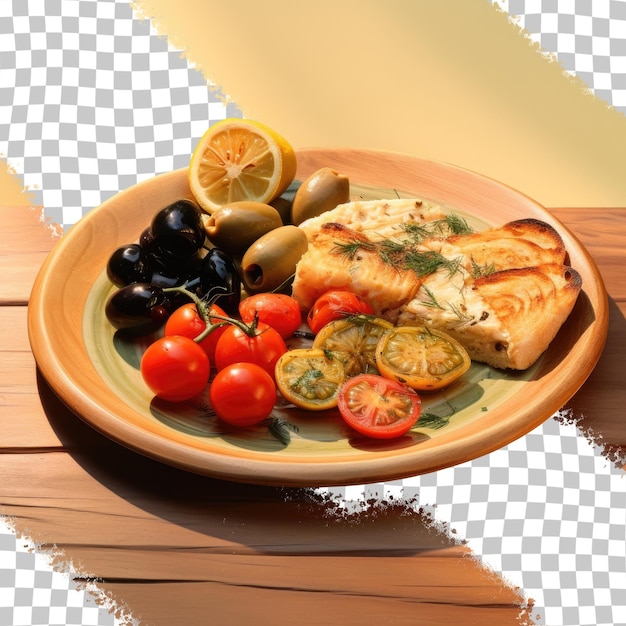 PSD Деревянная тарелка с рыбным филе, помидорами, оливками и хлебом