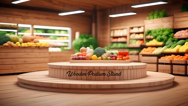 PSD wooden podium stand big platform stage in a supershop for organic food presentation