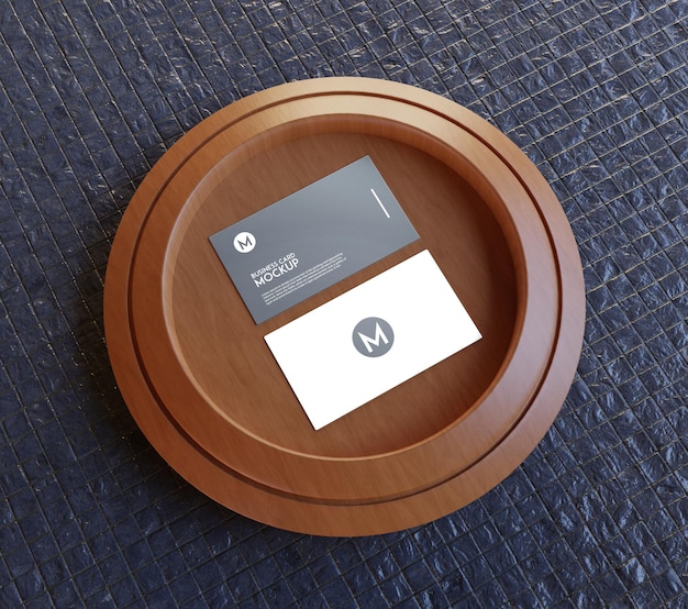 Wooden pot business cards mockup on tiles road