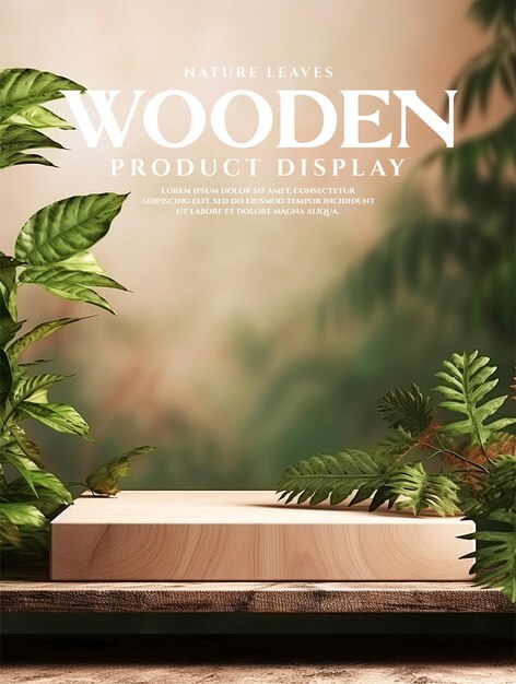 PSD wooden product display podium with nature leaves empty podium