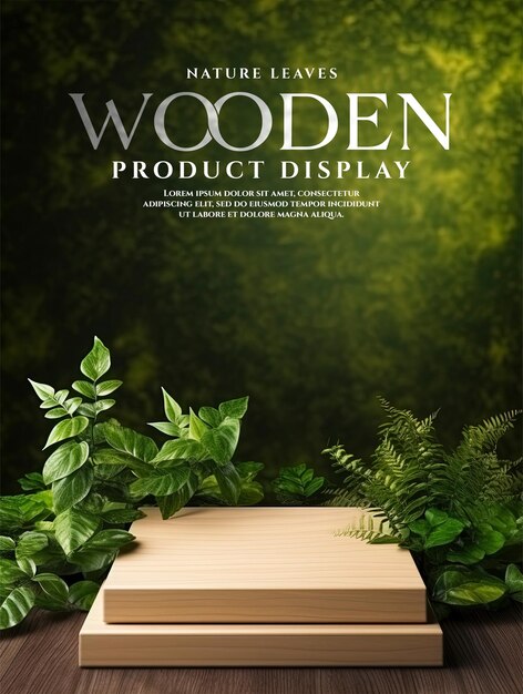 PSD wooden product display podium with nature leaves empty podium