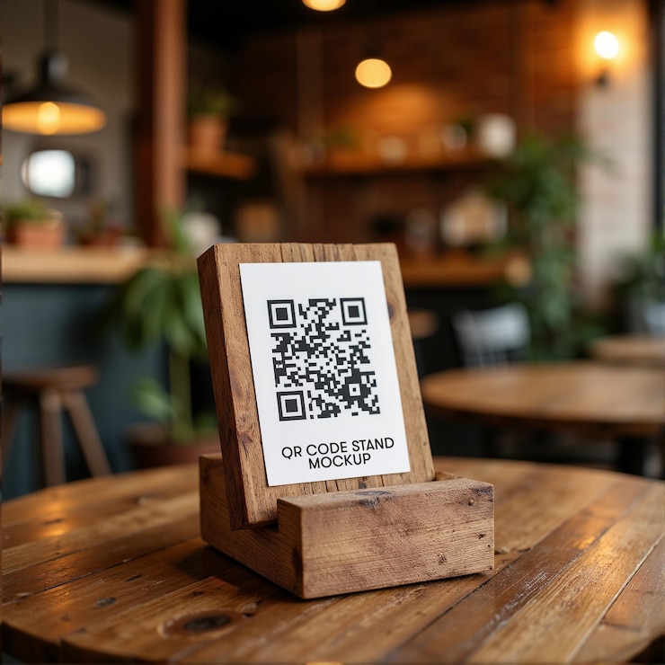 PSD wooden qr code mockup customizable qr code template on rustic wooden slice