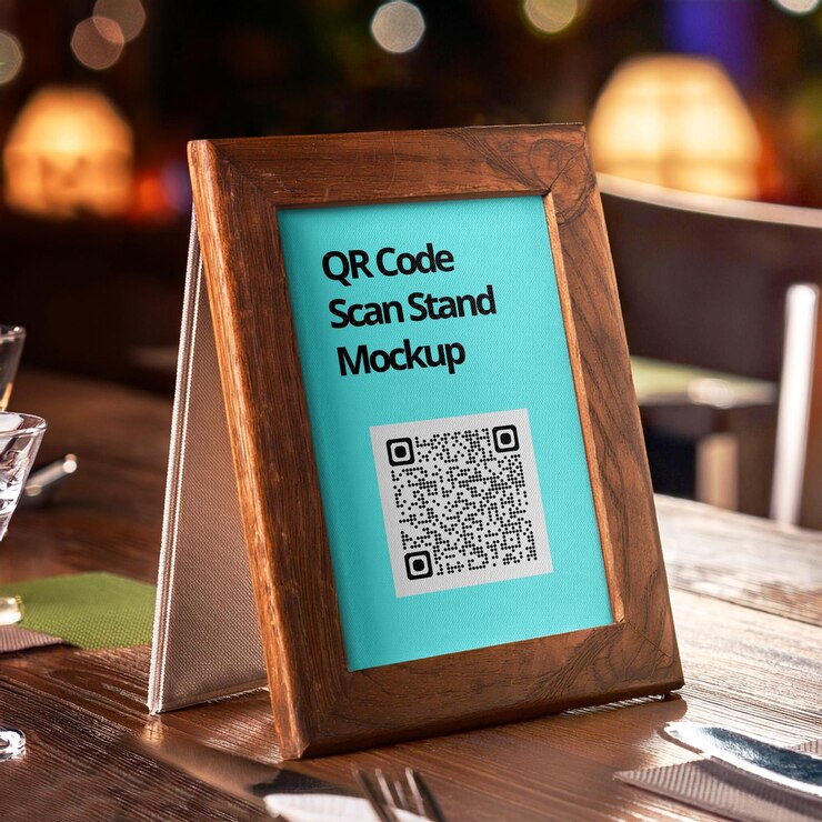 PSD wooden qr code scan stand mockup psd file