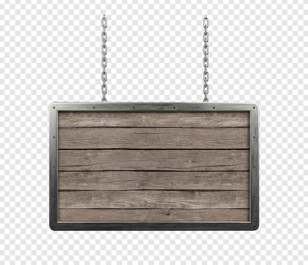 Деревянный прямоугольный знак с металлической окантовкой и цепями
