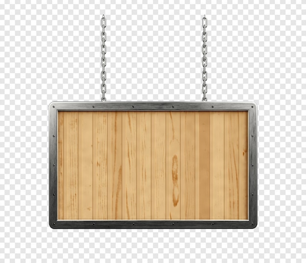 PSD 金属枠とチェーン付きの木製の長方形の看板